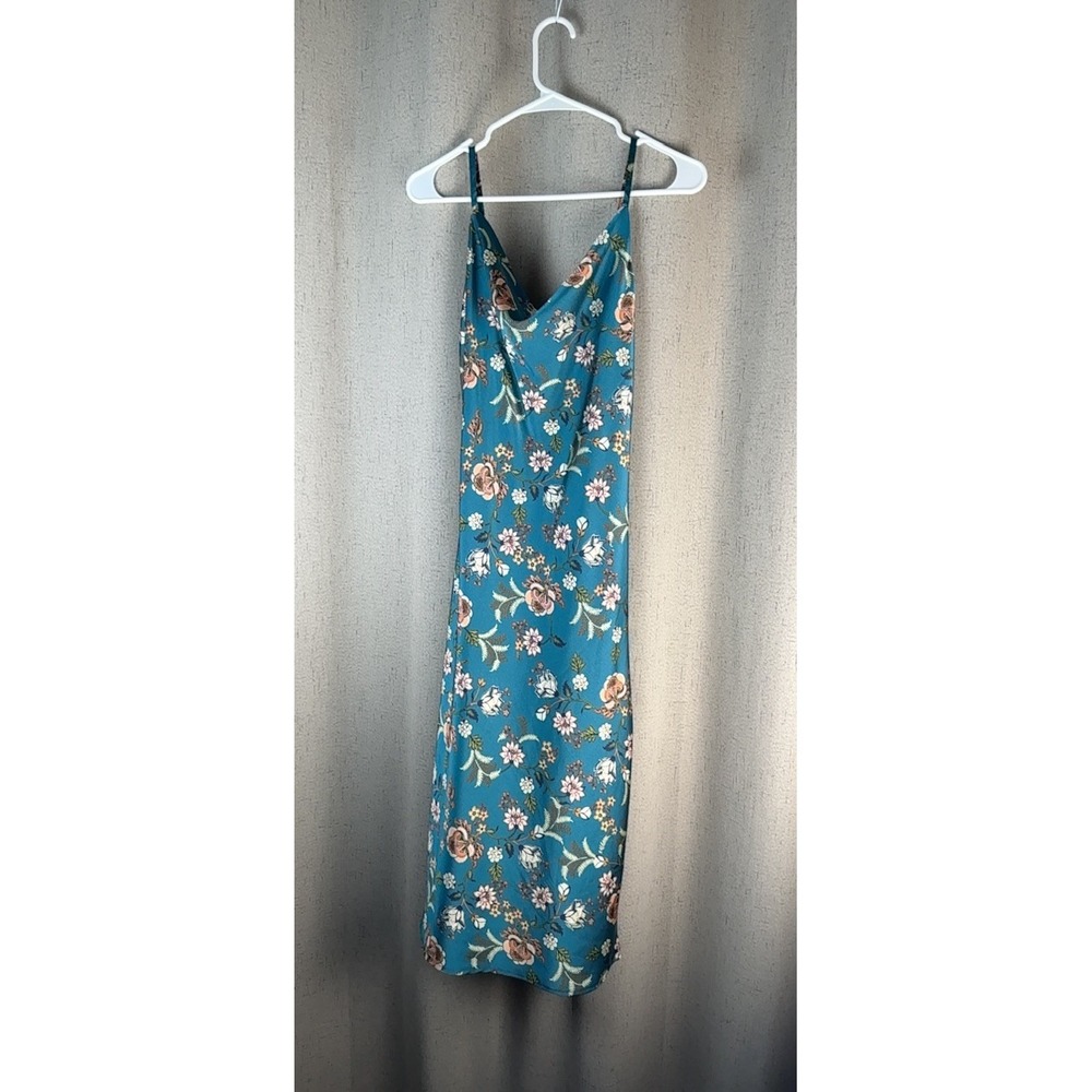 Floral Cowl Neck Dress Womens M Teal Blue Excellent Midi Slip Dress